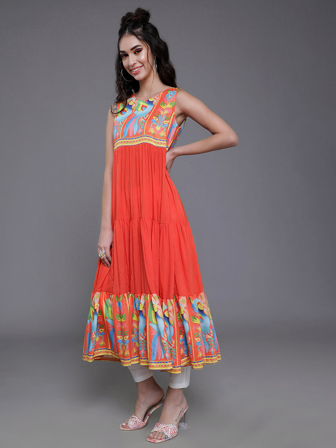 Women's Orange Printed Tiered Anarkali