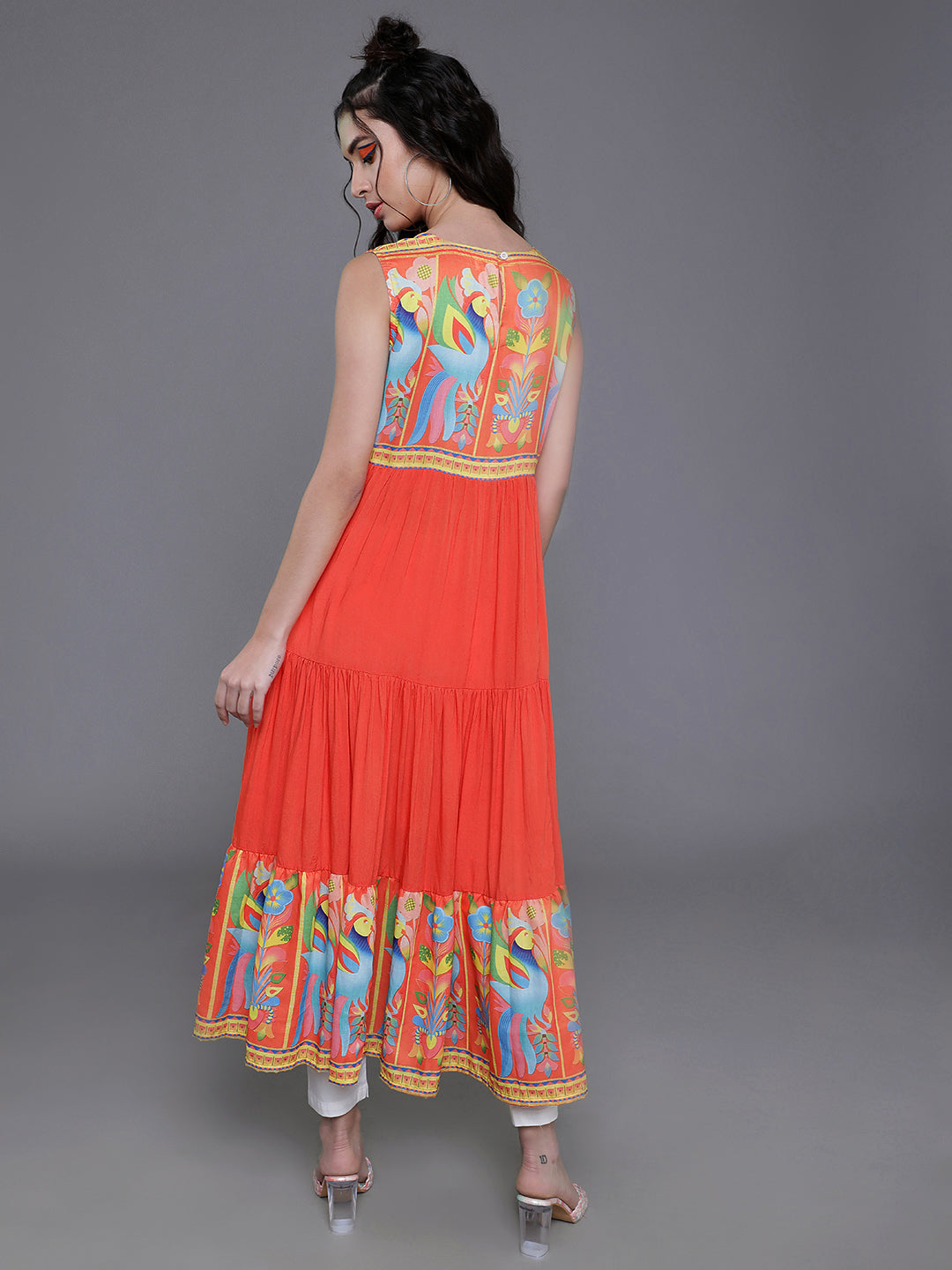 Women's Orange Printed Tiered Anarkali
