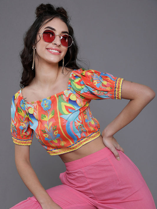 Women's Orange & Blue Printed Crop Top