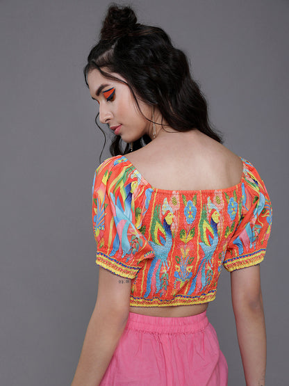 Women's Orange & Blue Printed Crop Top