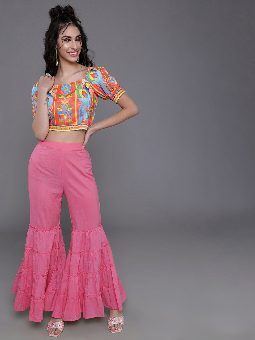 Women's Orange & Blue Printed Crop Top