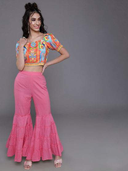 Women's Orange & Blue Printed Crop Top