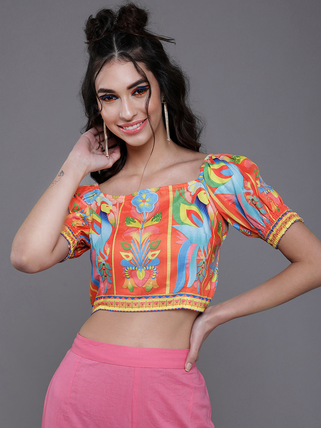 Women's Orange & Blue Printed Crop Top