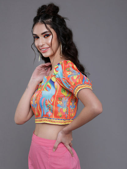 Women's Orange & Blue Printed Crop Top
