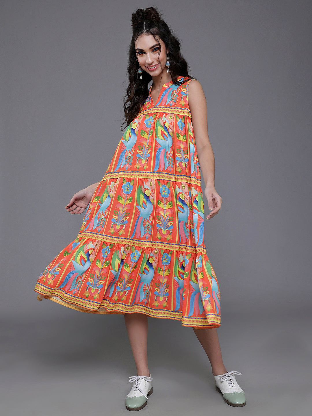 Women's Orange Printed Tiered Midi Dress