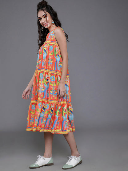 Women's Orange Printed Tiered Midi Dress