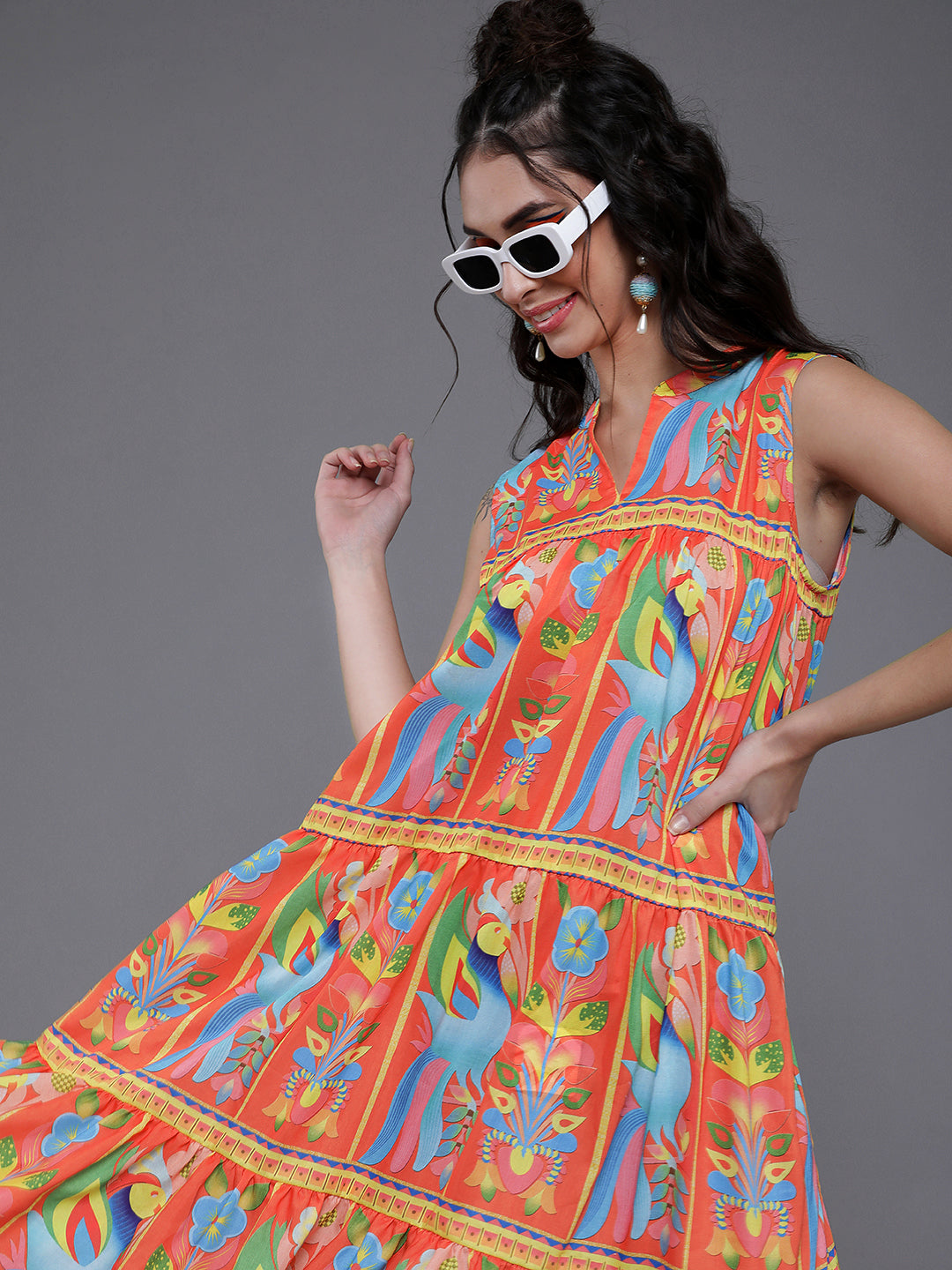 Women's Orange Printed Tiered Midi Dress