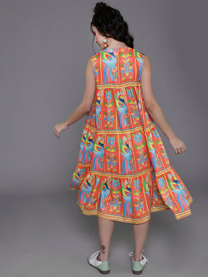 Women's Orange Printed Tiered Midi Dress