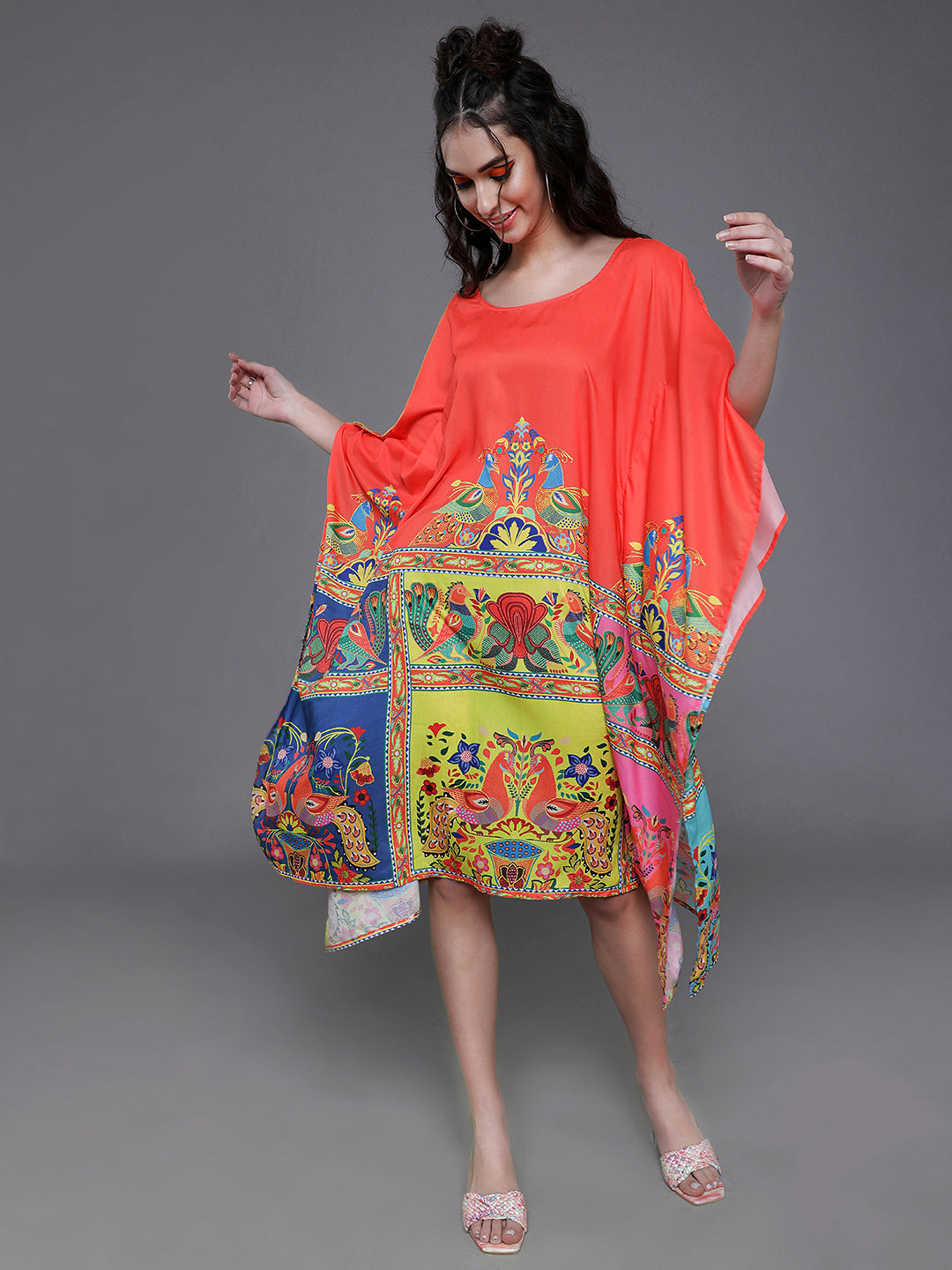 Women's Orange & Yellow Abstract Print Kaftan Dress