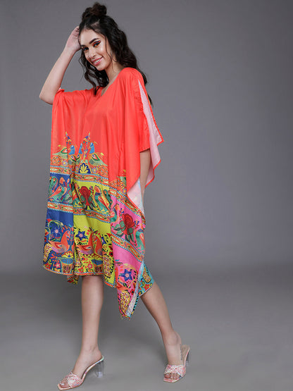 Women's Orange & Yellow Abstract Print Kaftan Dress