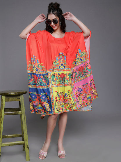 Women's Orange & Yellow Abstract Print Kaftan Dress
