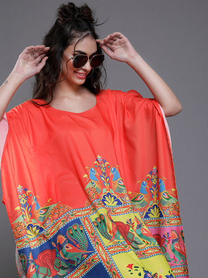 Women's Orange & Yellow Abstract Print Kaftan Dress