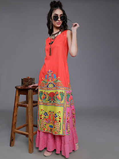 Women's Orange & Yellow Abstract Print Kurta
