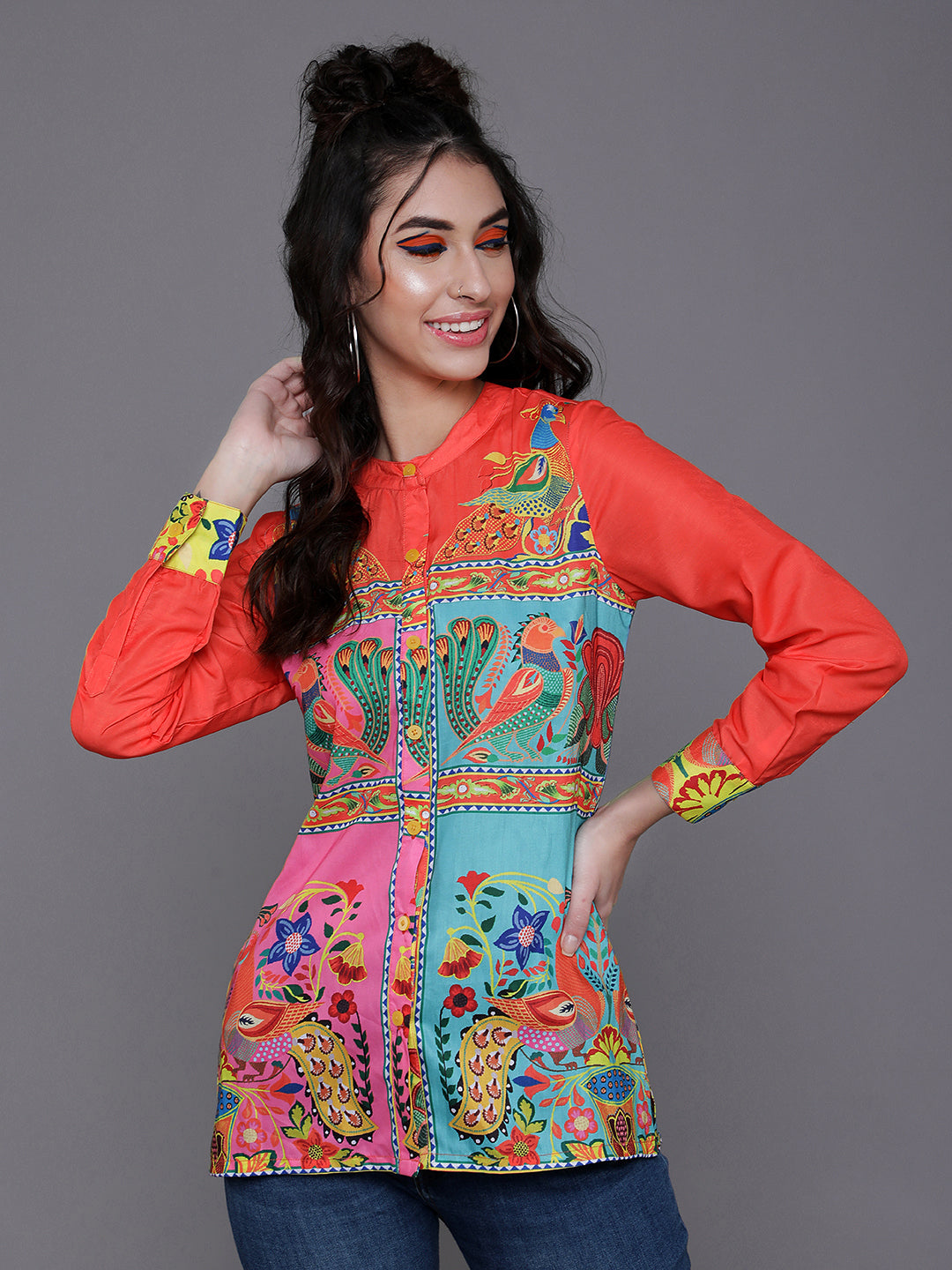 Women's Orange & Pink Abstract Printed Shirt