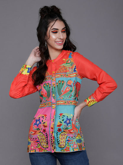 Women's Orange & Pink Abstract Printed Shirt