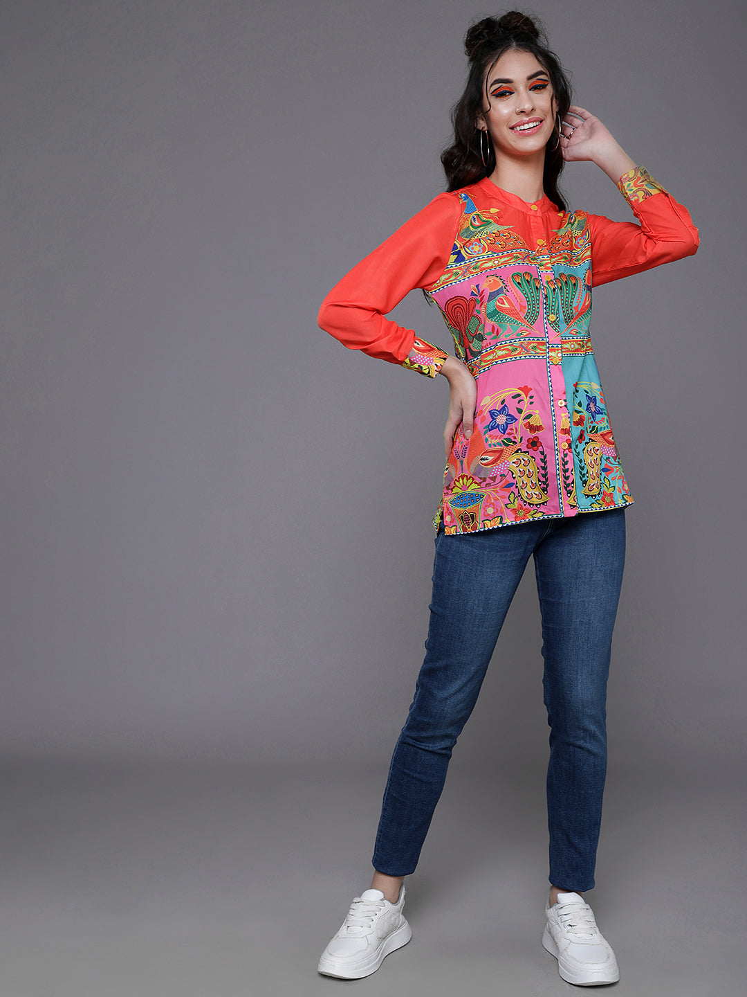 Women's Orange & Pink Abstract Printed Shirt