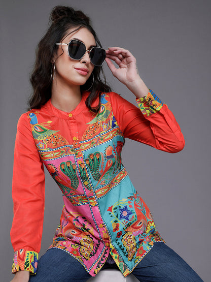 Women's Orange & Pink Abstract Printed Shirt