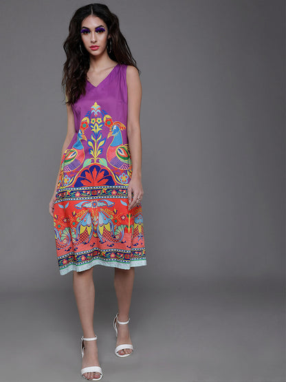 Women's Purple Abstract Print Shift Dress