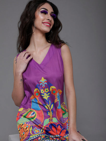 Women's Purple Abstract Print Shift Dress