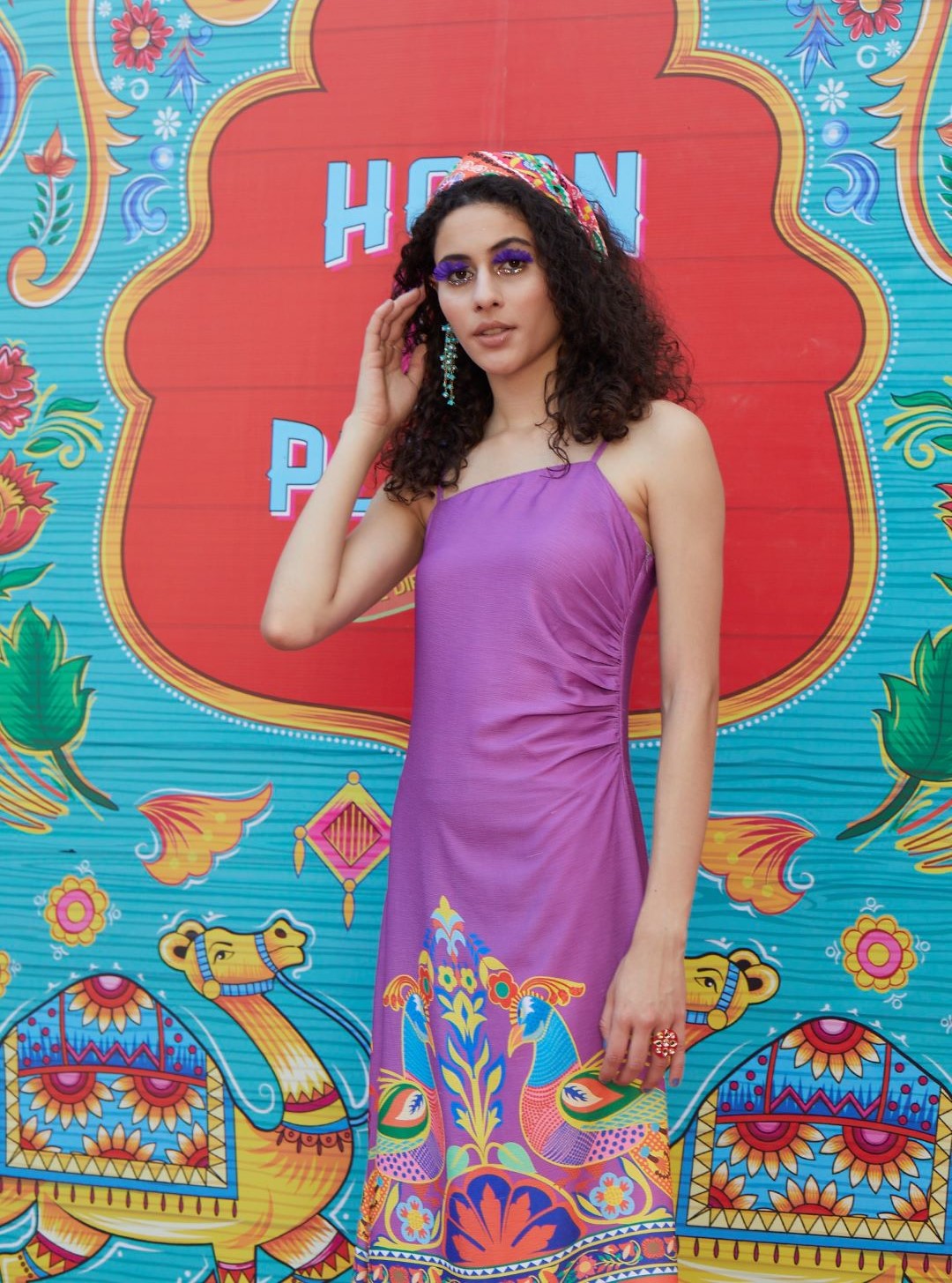 Women's Purple Abstract Print Slit Maxi Dress