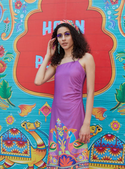 Women's Purple Abstract Print Slit Maxi Dress