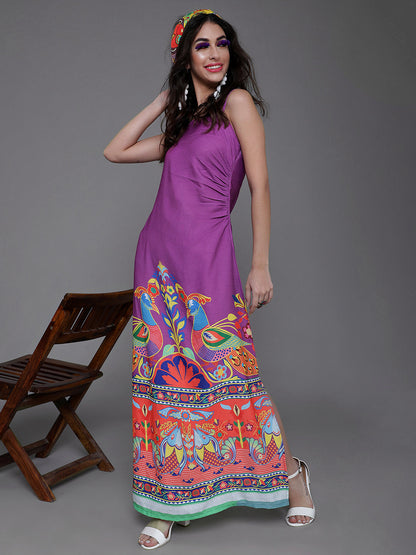 Women's Purple Abstract Print Slit Maxi Dress
