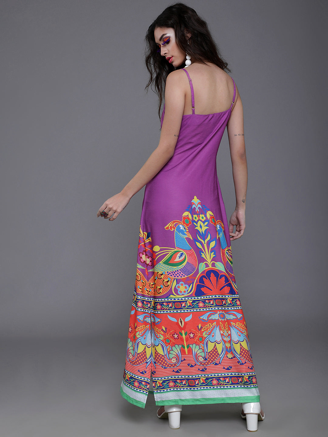 Women's Purple Abstract Print Slit Maxi Dress