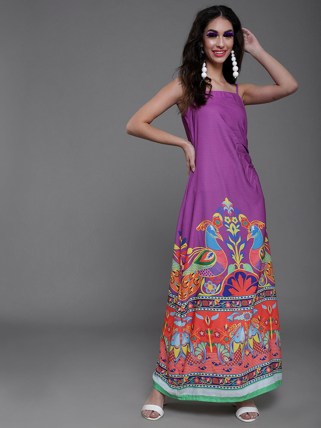 Women's Purple Abstract Print Slit Maxi Dress