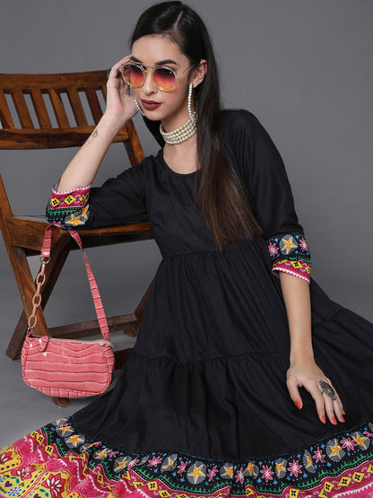 Women's Black Truck Art Muslin Tiered Anarkali