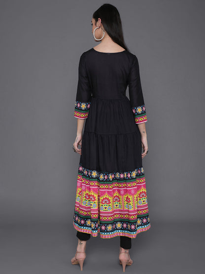 Women's Black Truck Art Muslin Tiered Anarkali