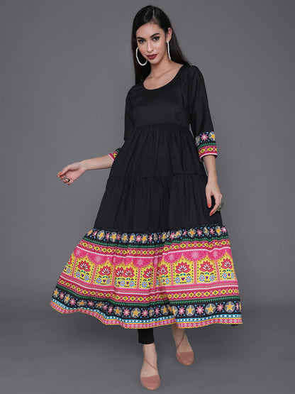 Women's Black Truck Art Muslin Tiered Anarkali
