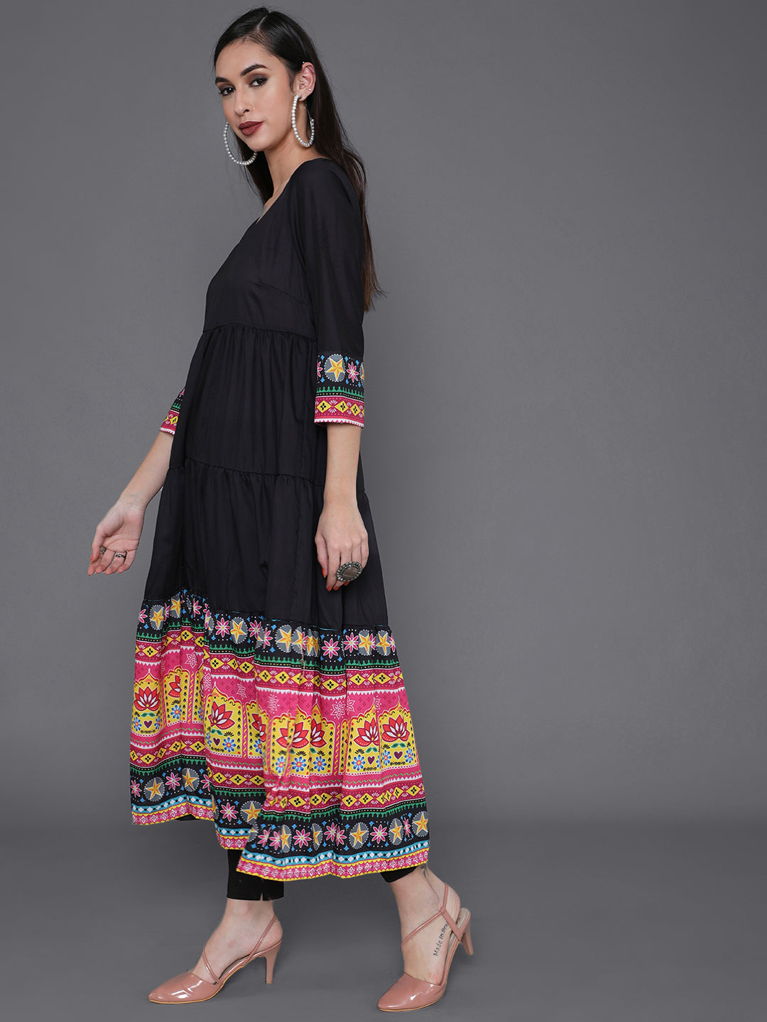 Women's Black Truck Art Muslin Tiered Anarkali