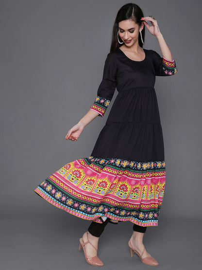 Women's Black Truck Art Muslin Tiered Anarkali