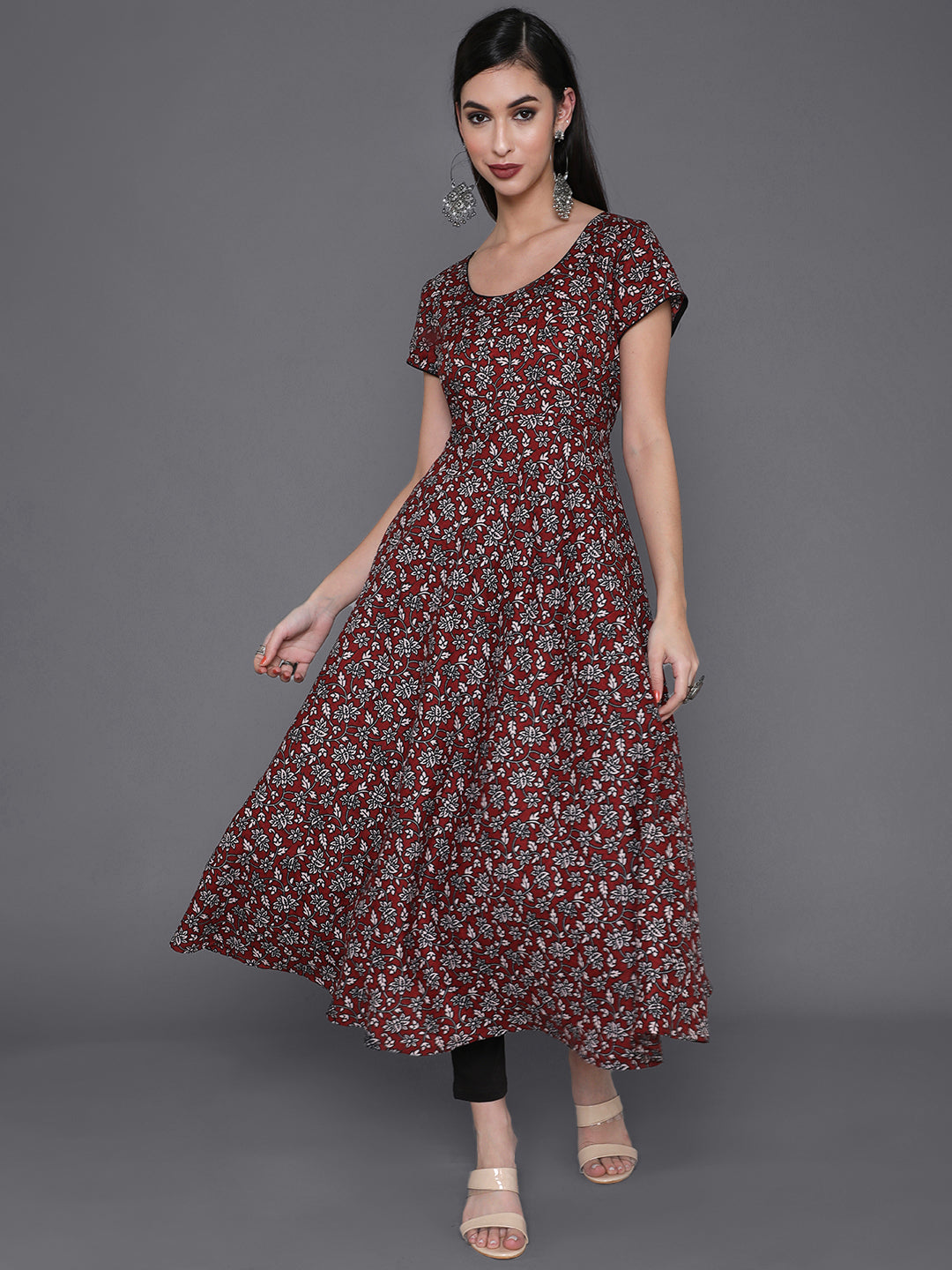 Women's Maroon Floral Print Flared Anarkali
