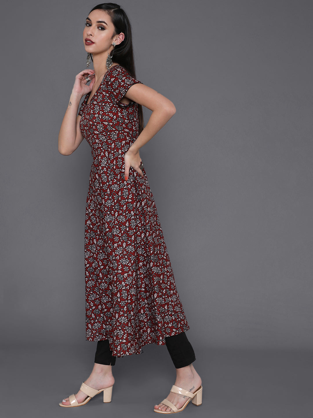 Women's Maroon Floral Print Flared Anarkali