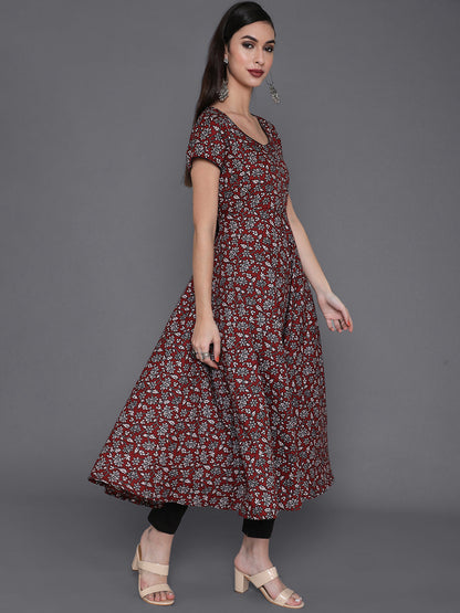 Women's Maroon Floral Print Flared Anarkali