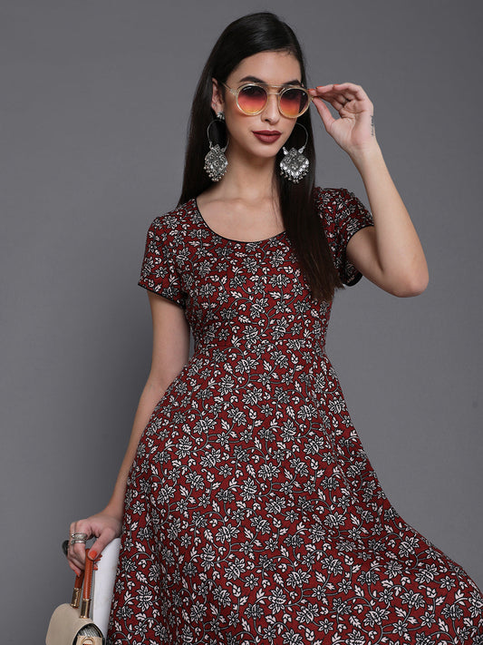 Women's Maroon Floral Print Flared Anarkali