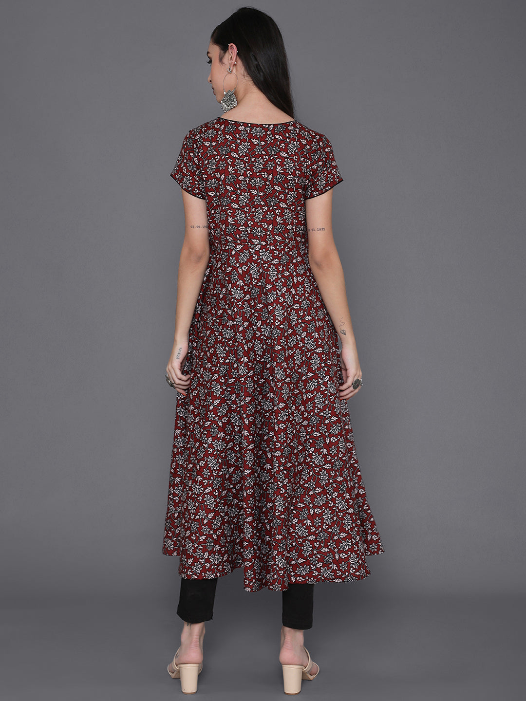 Women's Maroon Floral Print Flared Anarkali