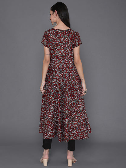 Women's Maroon Floral Print Flared Anarkali