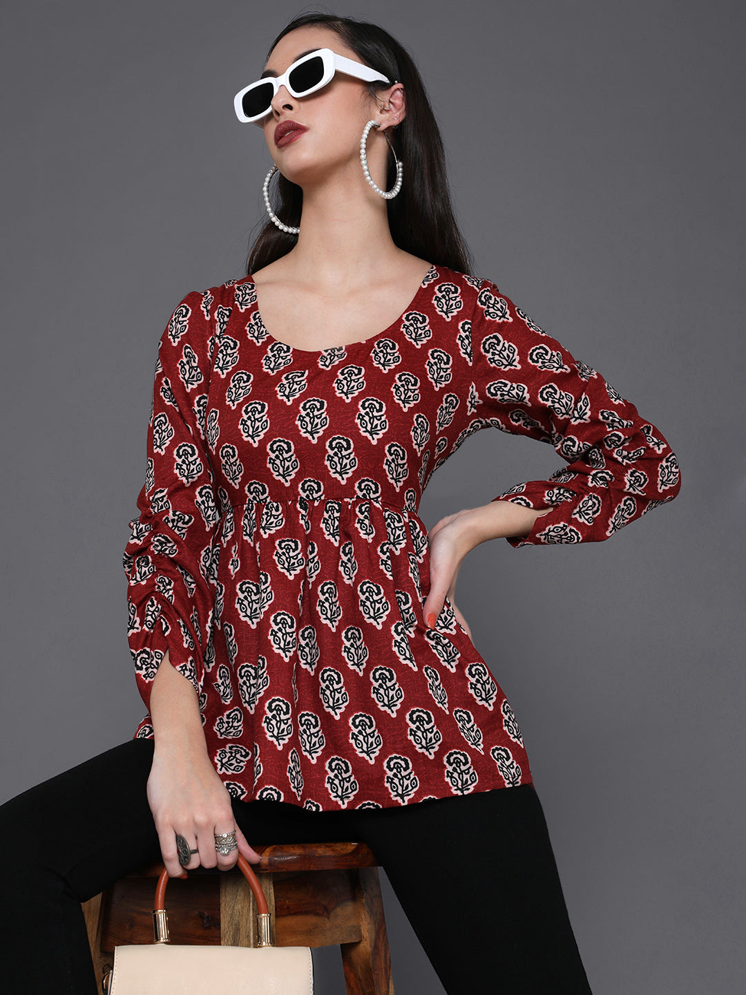 Women's Maroon Floral Print Tunic