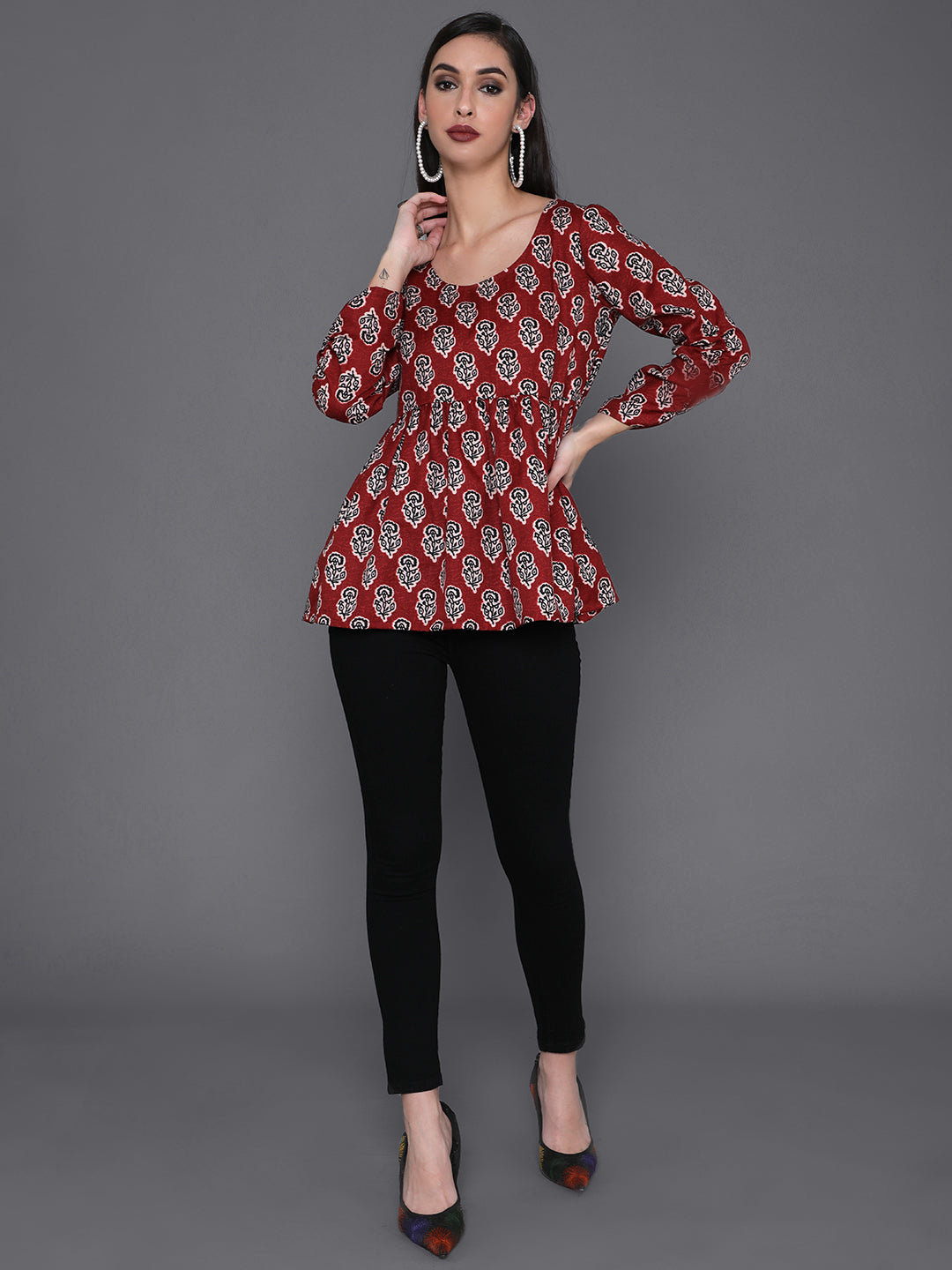 Women's Maroon Floral Print Tunic