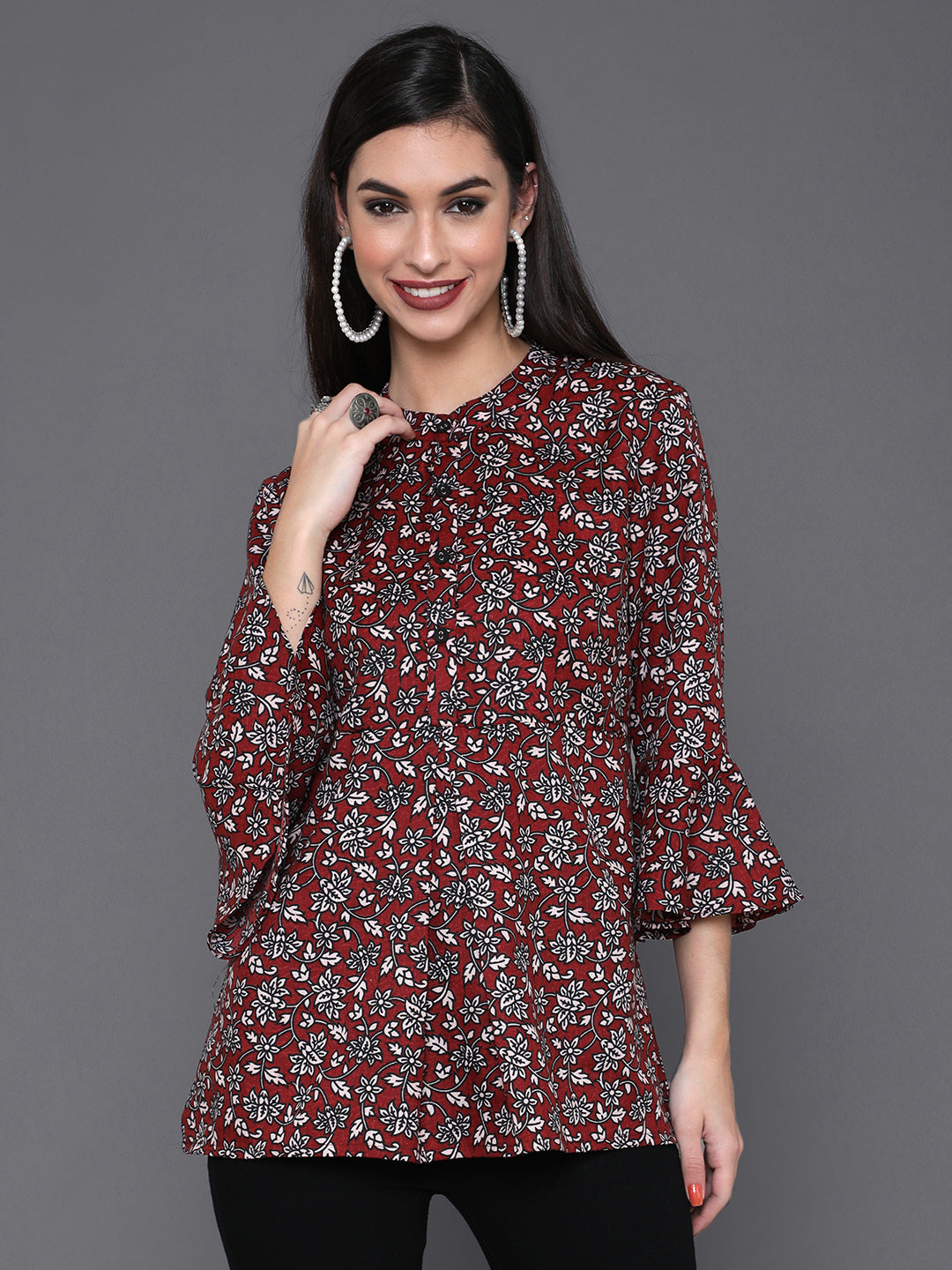 Women's Maroon Floral Print Tunic