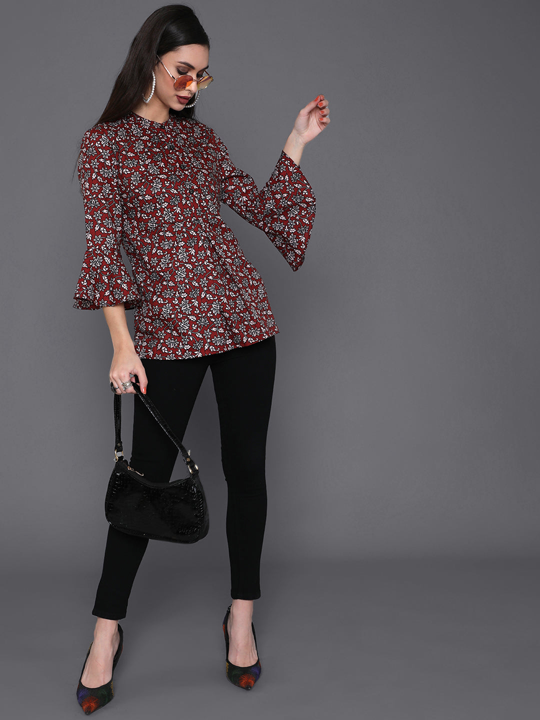 Women's Maroon Floral Print Tunic