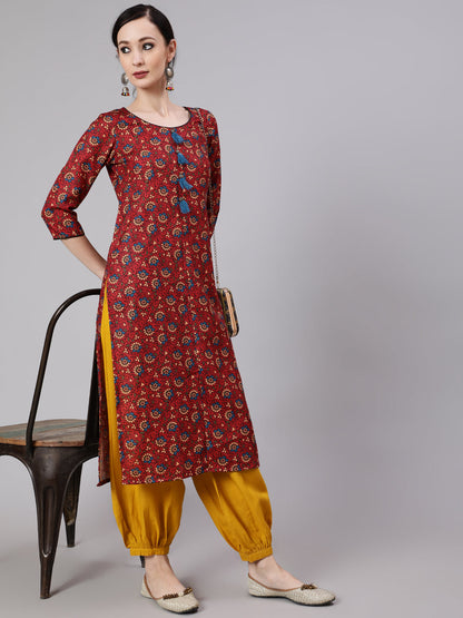 Women's Maroon Floral Print Kurta