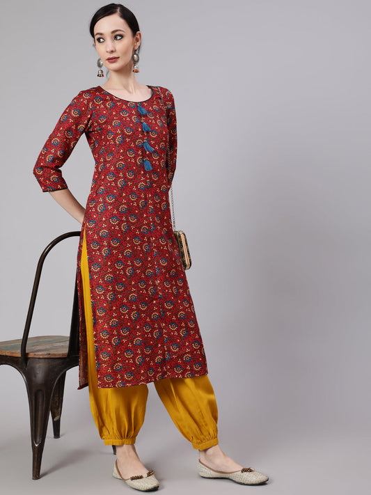 Women's Maroon Floral Print Kurta