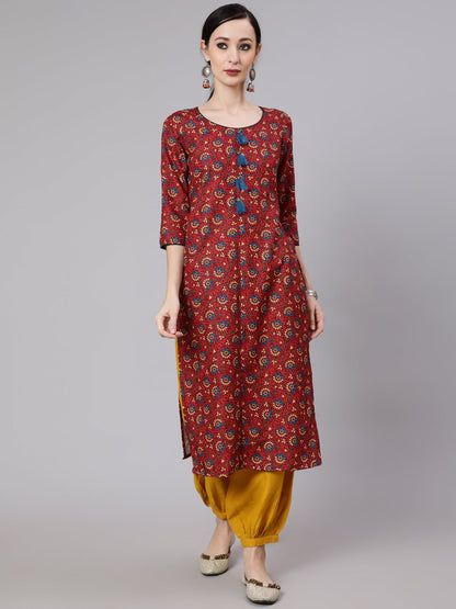 Women's Maroon Floral Print Kurta