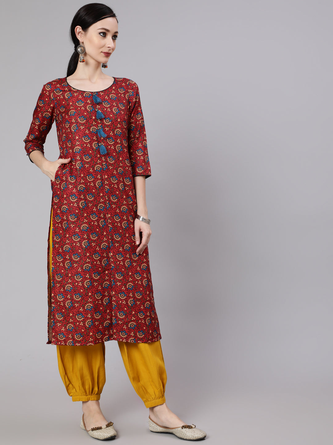 Women's Maroon Floral Print Kurta