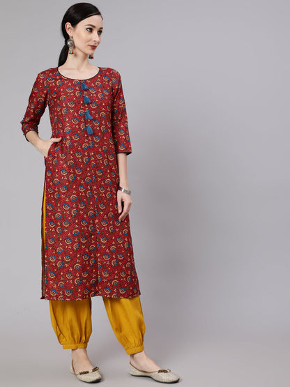 Women's Maroon Floral Print Kurta