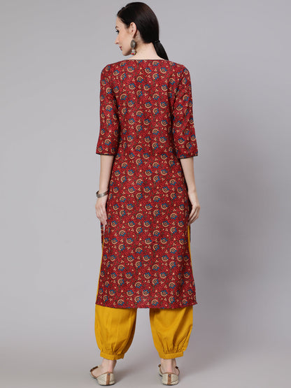 Women's Maroon Floral Print Kurta