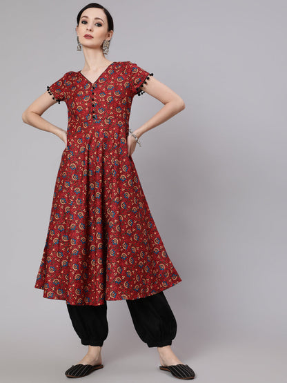 Women's Maroon Floral Print Anarkali